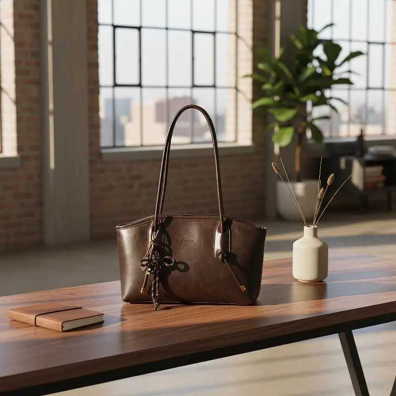 Designer Faux Vintage Dark Brown Leather Tote Bag Large Capacity Tennis Racket Charm Durable for Casual Weekend Outing Use J260916