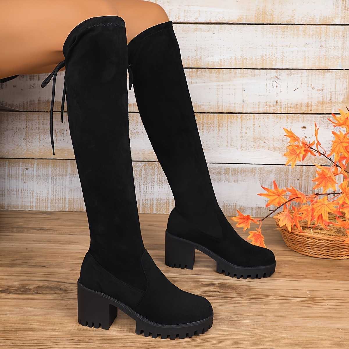 Boots Winter Black Over Women The Knee Boots New Comfort Lace Up Chunky High Heels Shoes fashion Warm Suede Round Toe Boots D260916