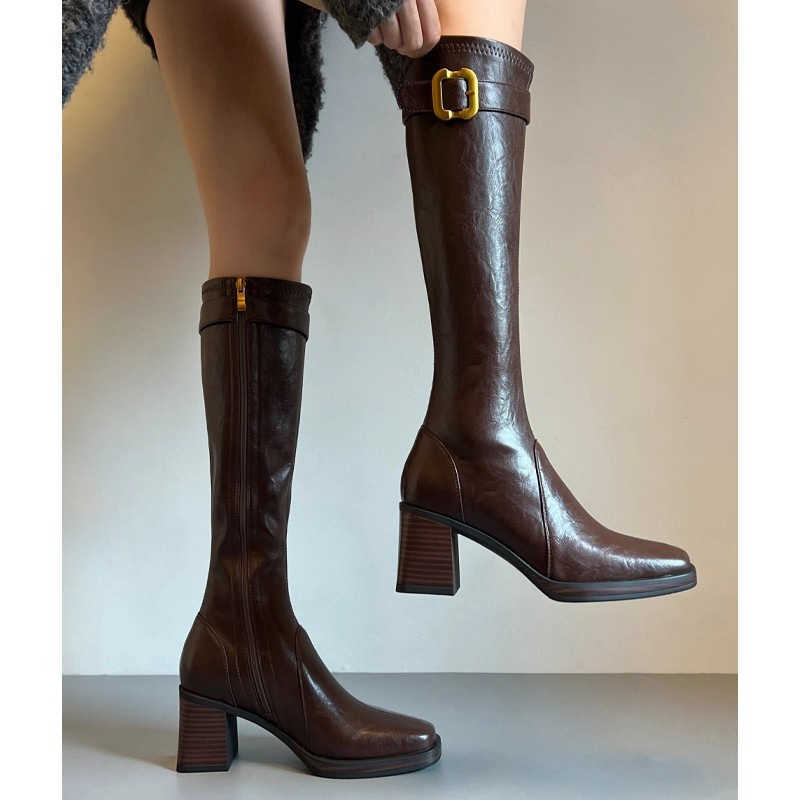 and Women's Spring Shoes 2026 Autumn New Style Square Head High Heel Boots Women's Skinny Boots Soft Face Versatile Boots D260916