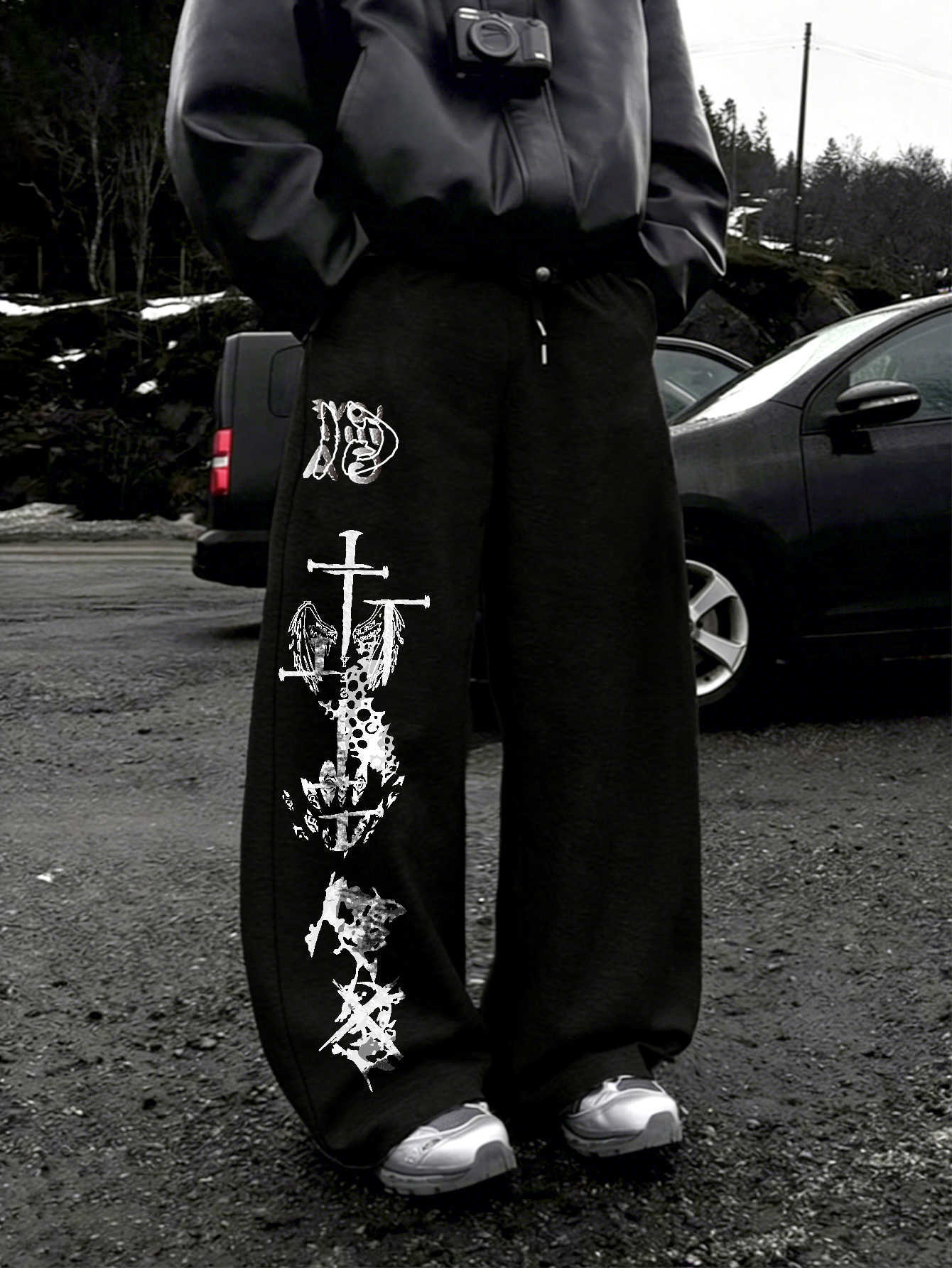 Wing Men Angel Gothic Cross Vertical Graphic Wide Leg Sweatpants Drawstring Loose Straight Baggy Y2K Dark Punk Streetwear Pants D260916