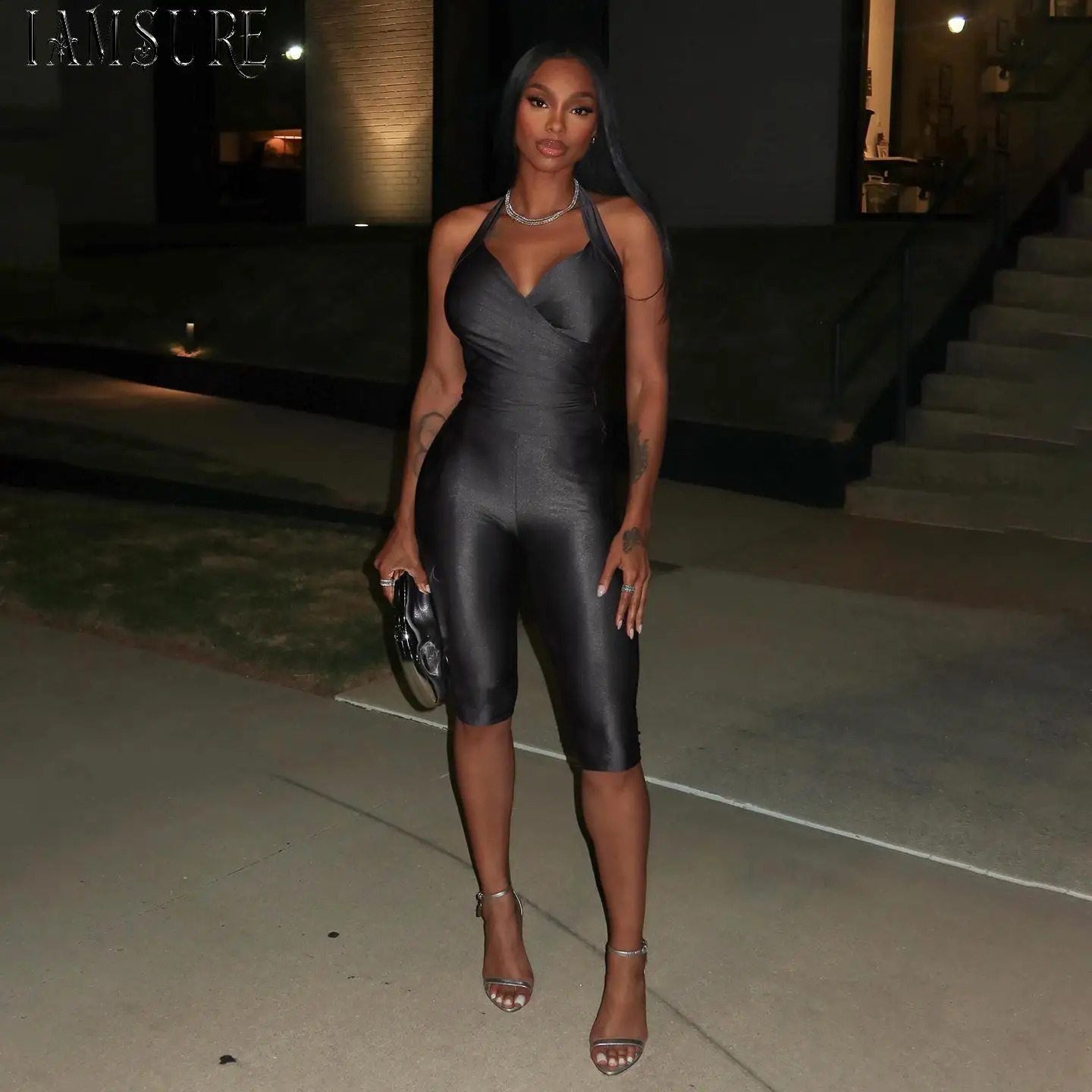 Sexy Black Halter Neck Romper Sleek Stretch Bodycon Jumpsuit with Deep VNeck MidThigh Length Perfect for Nightclub Party Chic 260916
