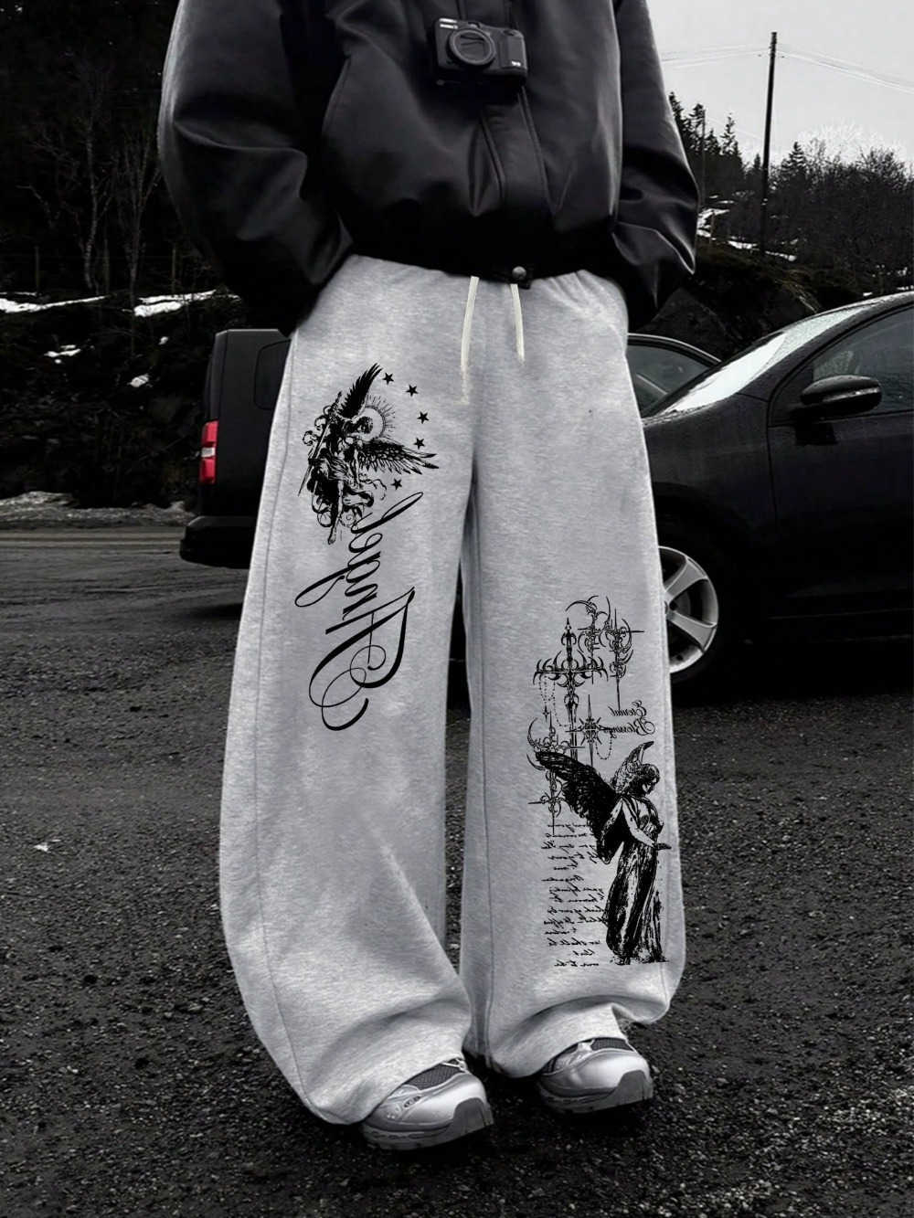 and Dark punk style angel sword print wide-leg pants high street drawstring loose straight leg sweatpants unisex mens pants D260916