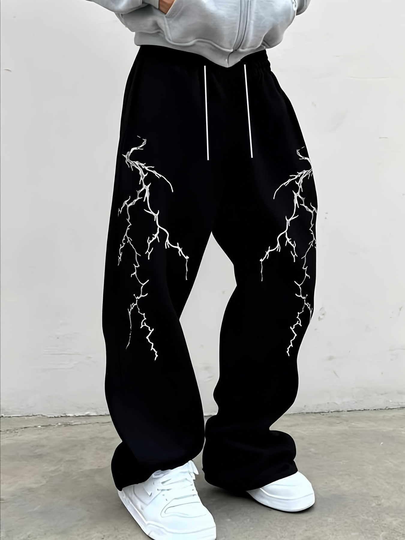 Men's Summer Dark Cotton Style Pants Black Jogging Pants Lightning Printed Casual Pants Elastic Waist Drawstring Pants Adult D260916