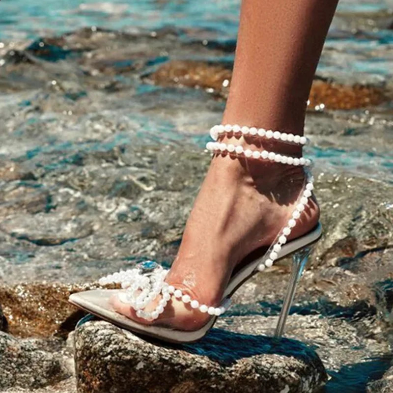 Liyke Sexy White String Bead Women Transparent High Heels Summer Fashion Butterfly-Knot Clear Sandals Pointed Toe Shoes Pumps 260916