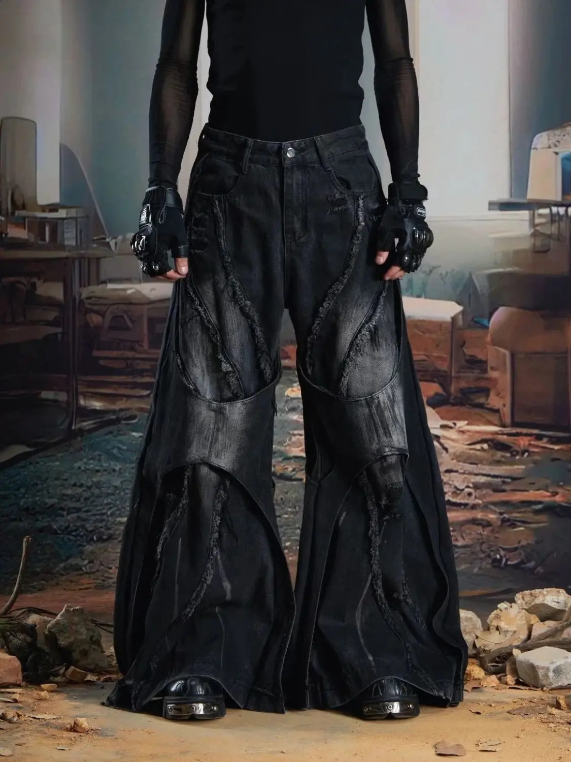 Men's Double Layered Spliced Wide Legs Jeans Sweatpants Spring Bottom Young Boy Casual Pants Male High Waist Y2k Cool Trousers 260916
