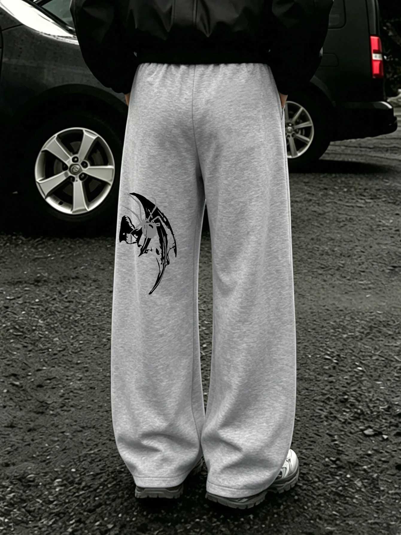 Spider Gothic Mens Bat Dark Wing Print Baggy Wide Leg Sweat Pants Loose Straight Drawstring Hip Hop Street Joggers D2609161