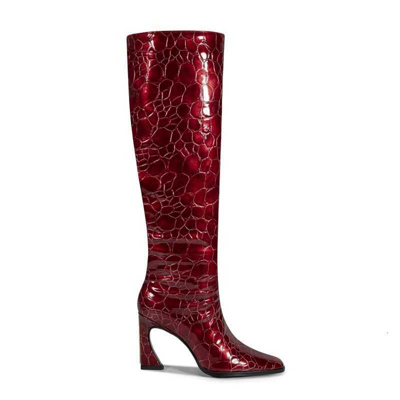 High Women's Patent Leather Knee Boots fashion Pattern Curved Unique Sculpted High Heel Celebrity Inspired Red Boots D260916