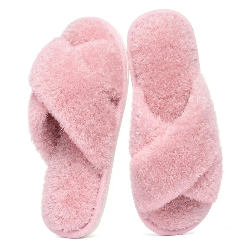 Comwarm Winter Fuzzy House Slippers For Women Soft Memory Foam Fur Slides Cross Band Open Toe Plush Lady Fluffy Slipper 260917