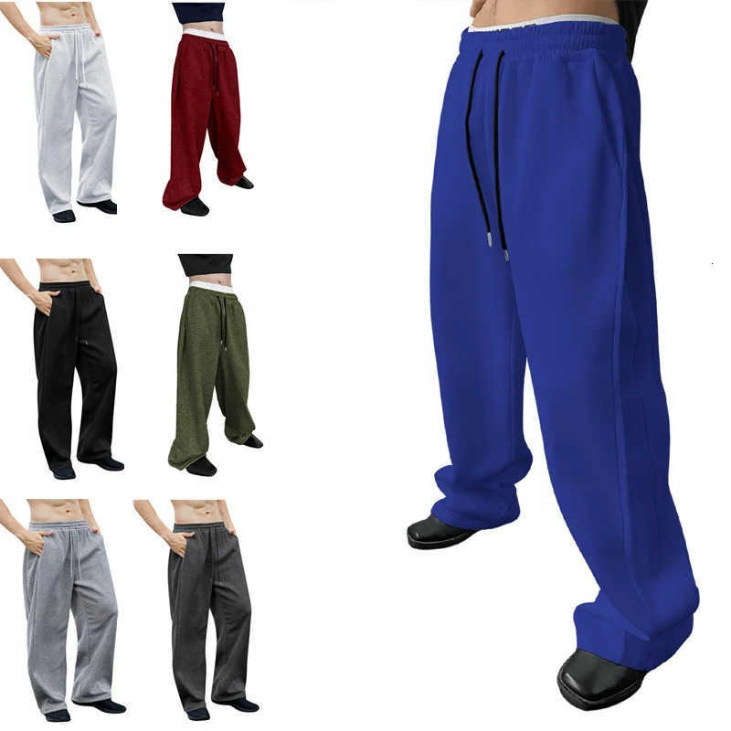 straight Men's sweatpants 2026 drawstring leg wide leg loose fit with pocket multifunctional solid color sports pant D260916