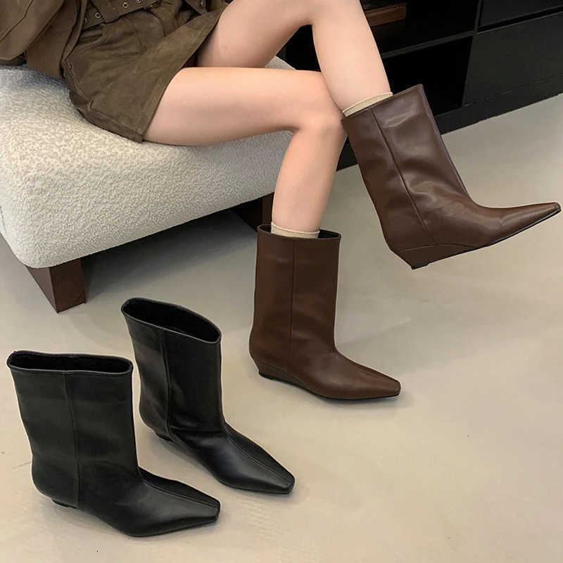 Women Toe Aneikeh Ankle Pointed Boots Wedges Heel Shoes 2027 Autumn Winter Vintage Soft Leather Concise Ladies Modern Bootie D260916