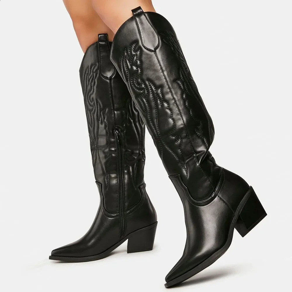 Winter Large Size 43 In Stock for Dropship Vintage Knee High Cowgirls Black Western Boots Shoes Zip up White Cowboy Boots Women 260916
