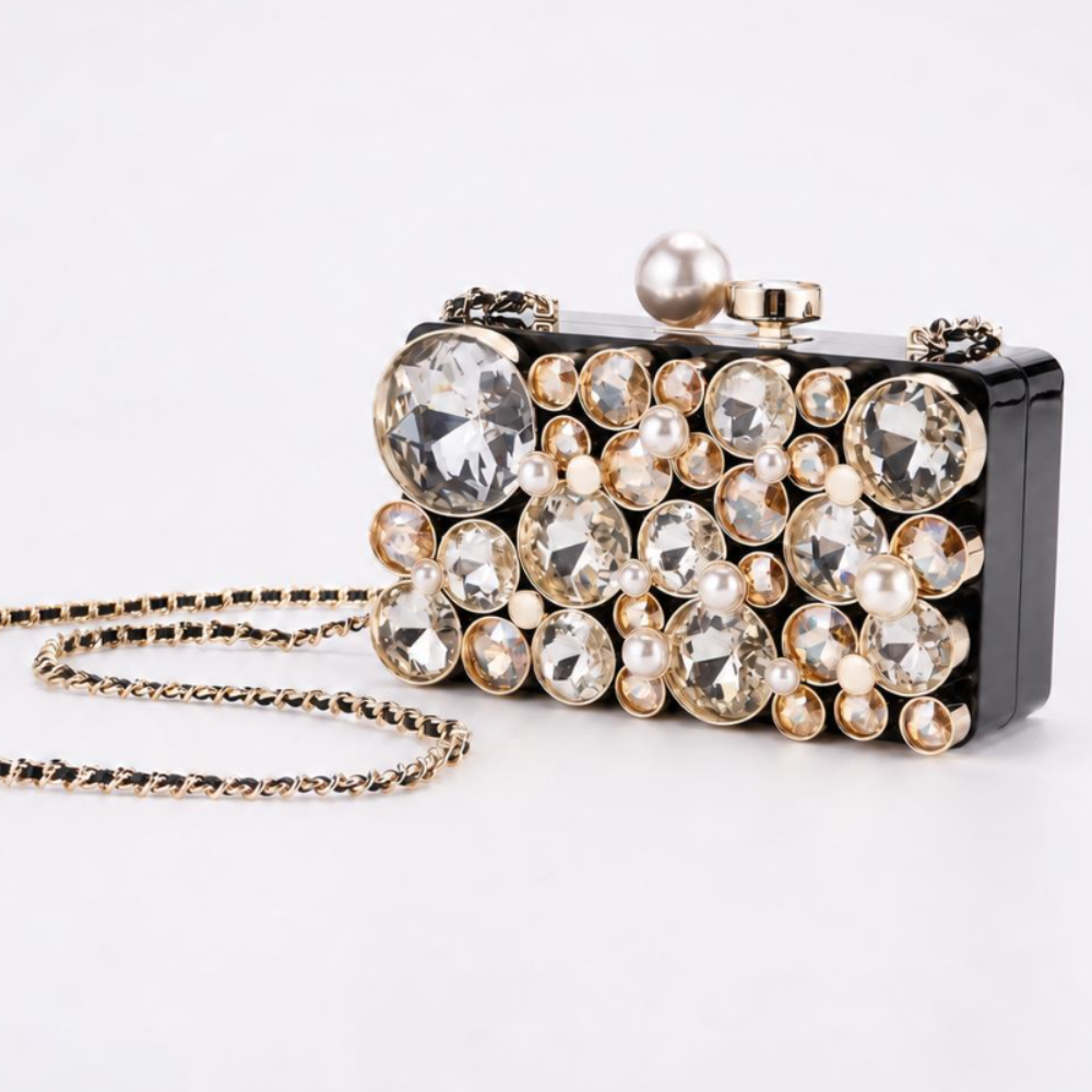 Crystal Box Clutch Glamorous Acrylic Rhinestone Pearl Hard Case Chain Crossbody Bag for Evening Parties Top-Tier Designer New Arrival