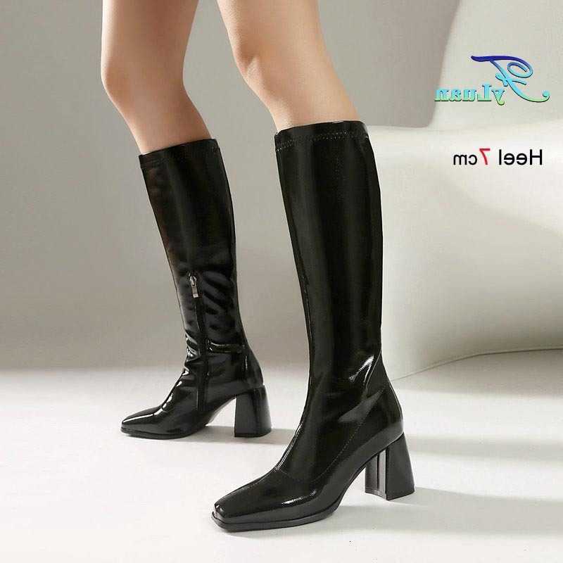 Boots Large Size Knee Length Women High Heels Patent Leather Tall Boots fashion Coarse Heel Nightclub Stage Show Lady Long Boots D260916