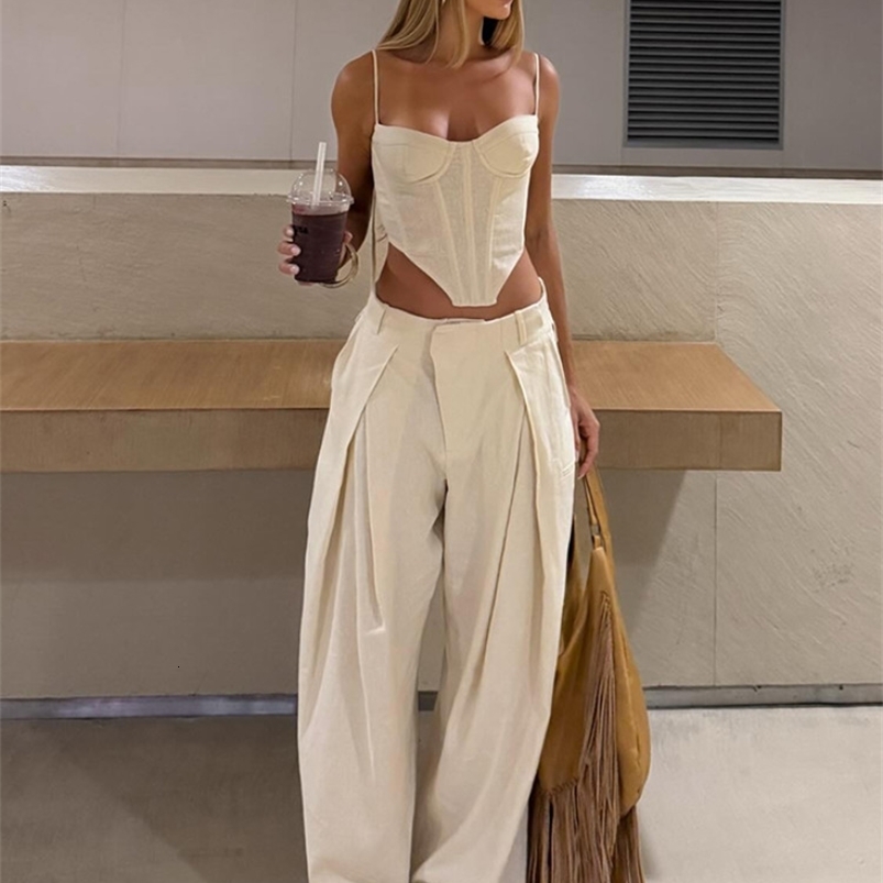 Printed Side Cutout Spaghetti Strap Camisole Wide Leg Pants Set 2026 Spring Casual Women Outfit Fashion Boho Lady CoOrd Set 260915