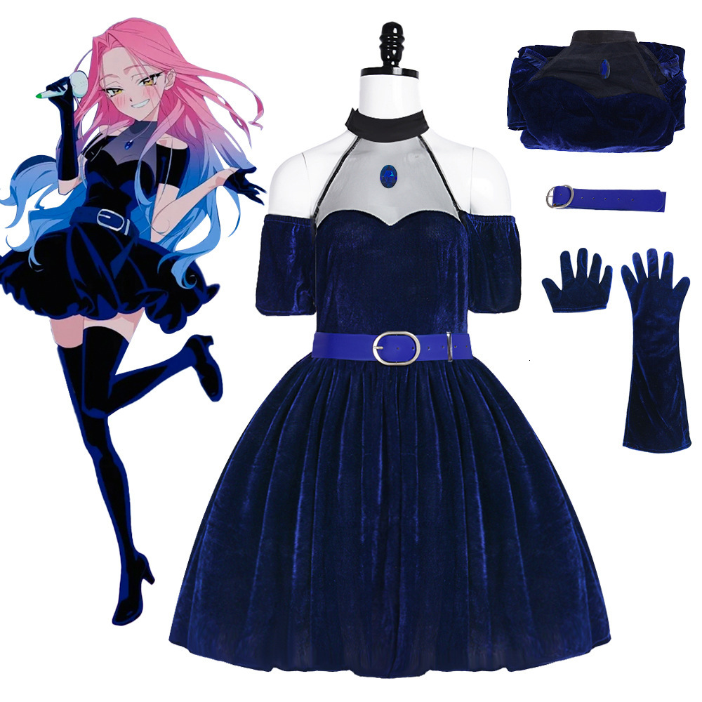 Anime Alien Stage Mizi Cosplay Costume Wig Dark Dress Pink Blue Long Hair Gloves Stockings Belt Set Uniform for Women Girls