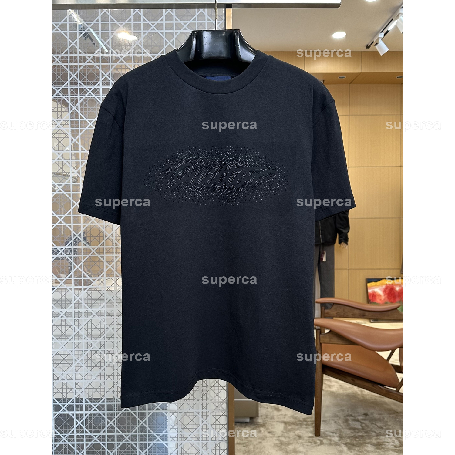 Luxury Designer Men Crew Neck T Shirt, Black 270g Heavyweight Cotton Tee, Rhinestone Handwritten Logo Loose Drop Shoulder Casual Top