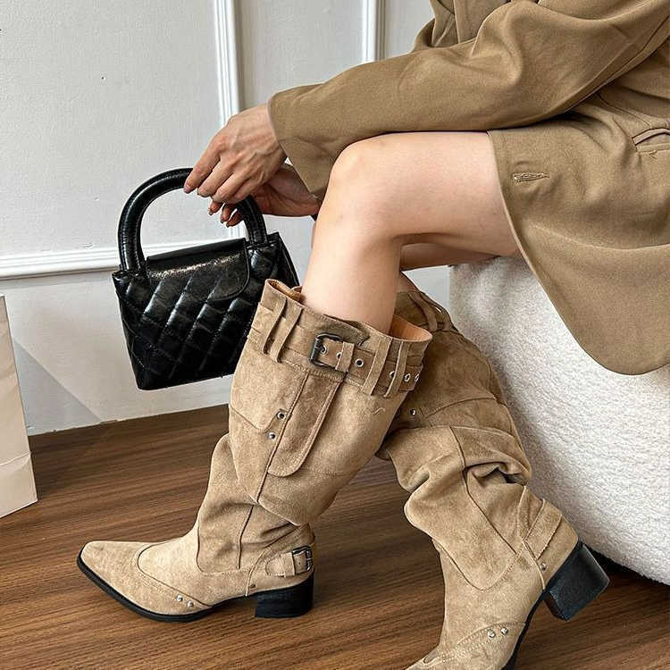 for New Boots Wrapped Single Women Spring Summer Pointed Toe Studded Metal Side Zipper No Knee Block Heel Boots D260916