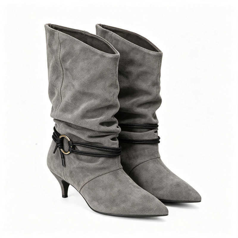 Women Vintage Boots Western Slouch Pointed Toe Kitten Heel Suede MidBoots Metal Ring Tie Strap Boho Fall Winter D260916