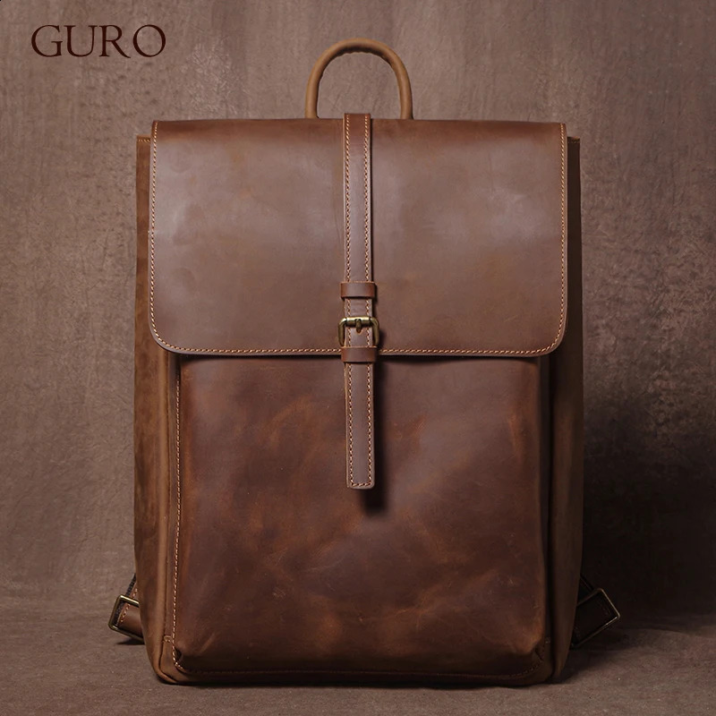 GURO Men's Retro Genuine Leather Backpack Simple Flap Travel Bag Women Natural Cowhide Deluxe Schoolbag Daily Commuter Backpacks 260916