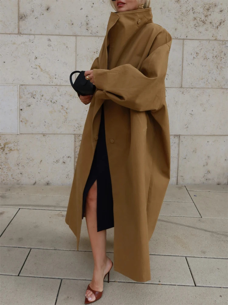 Vintage Solid Stand Collar Long Women's Trench Coat Chic Loose Full Sleeved Cinching Overcoat 2026 Autumn Street Daily Outwear 260916