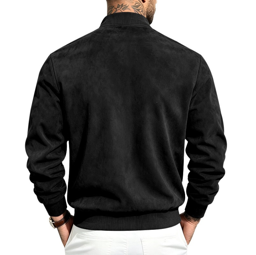 Men's Faux Suede Zip-Up Stand Collar Sportswear with Contrast Stitching - Classic Black