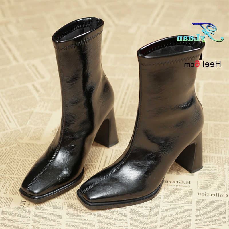 For Boots Black Women Mid-calf 6CM 8CM Thick Heel Stretch Leather Square Toe Woman Boots Back Zipper Casual Spring Autumn Shoes D260916