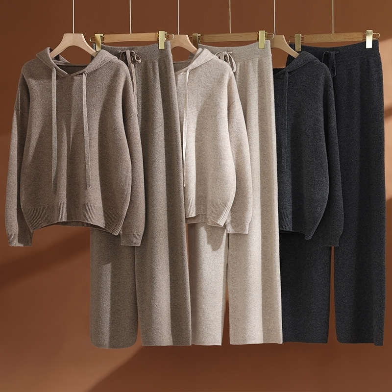 CHICUU Women's 100% Wool Set Hoodie Pullover Wide Leg Pants Thick Casual Knitwear Autumn Winter Cashmere Sweater Trousers Suit 260915