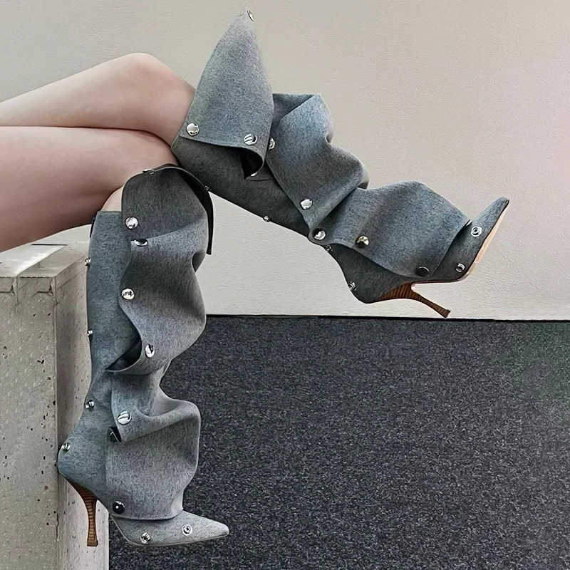 for High Heel Long Boots Women Botte Winter Boots Shoes Botas Mujer Thin Heeled Pointed Denim Metal Button Shoe Zapatos De Mujer D260916