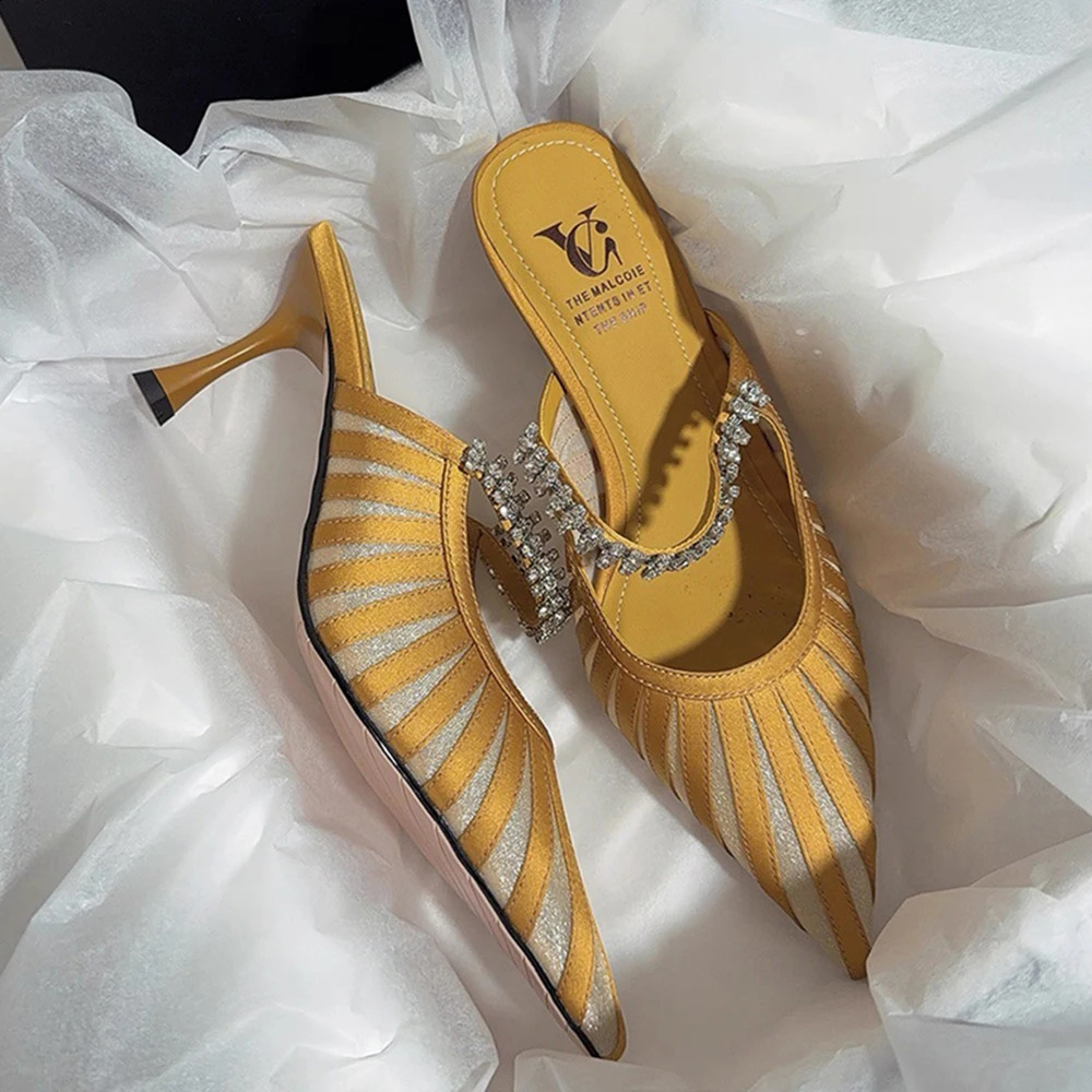Summer Elegant Women Satin Rhinestone Sexy Pointed Toe Stiletto High Heel Mule Slides Sandals Slippers Wedding Party Shoes Woman 260916
