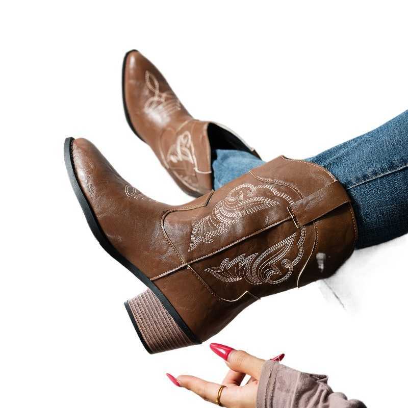 Autumn Winter Women Moda 2026 Western Embroidered Boots Thick Block Heel Soft Sole Comfort MidCalf Boots Plus Size 3643 D260916
