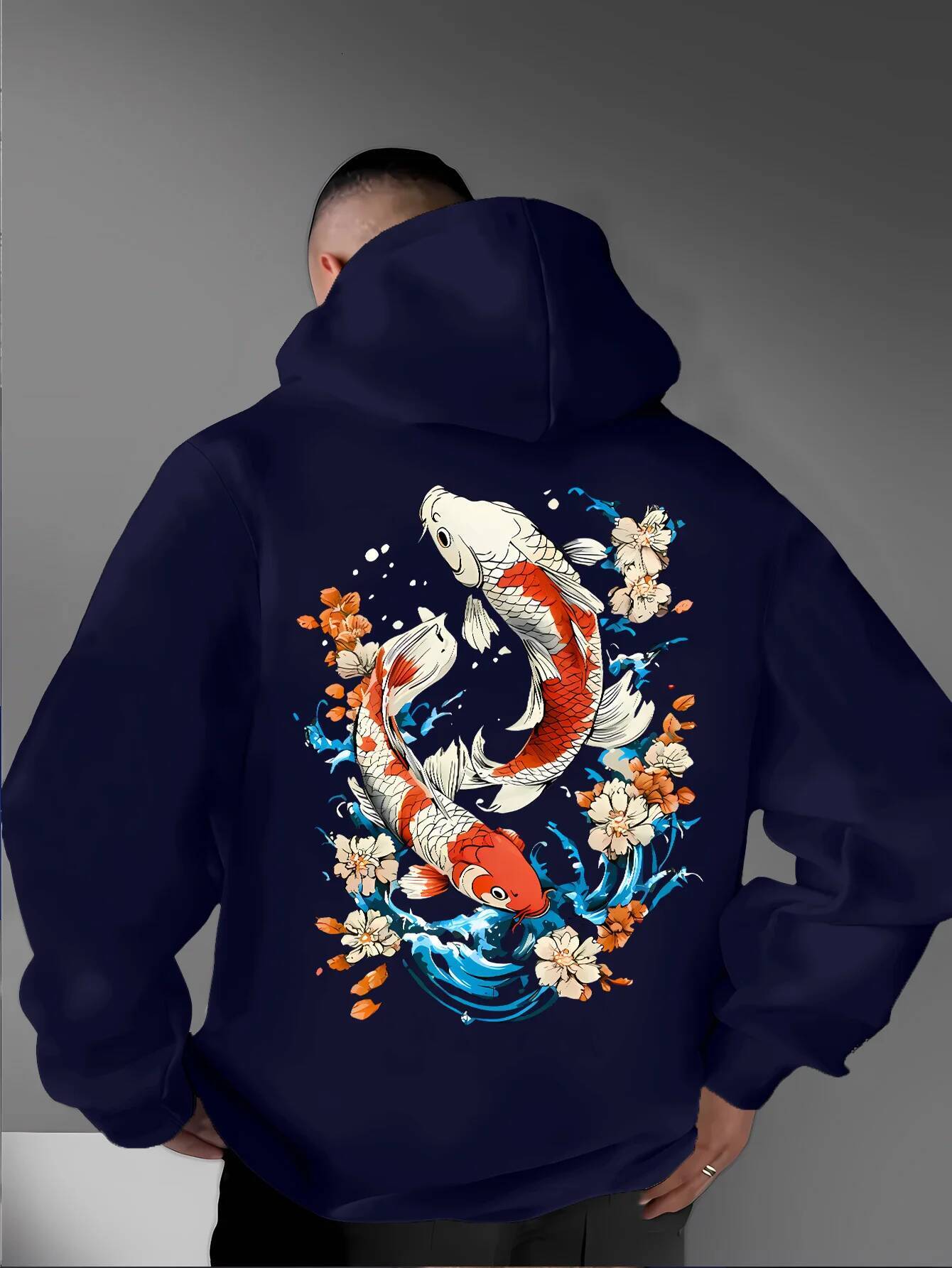 Men's Japanese Oriental Autumn Winter Hoodie Yin Yang Koi Carp Cherry Blossom Wave Art Print Casual Streetwear Fleece Sweatshirt J260916