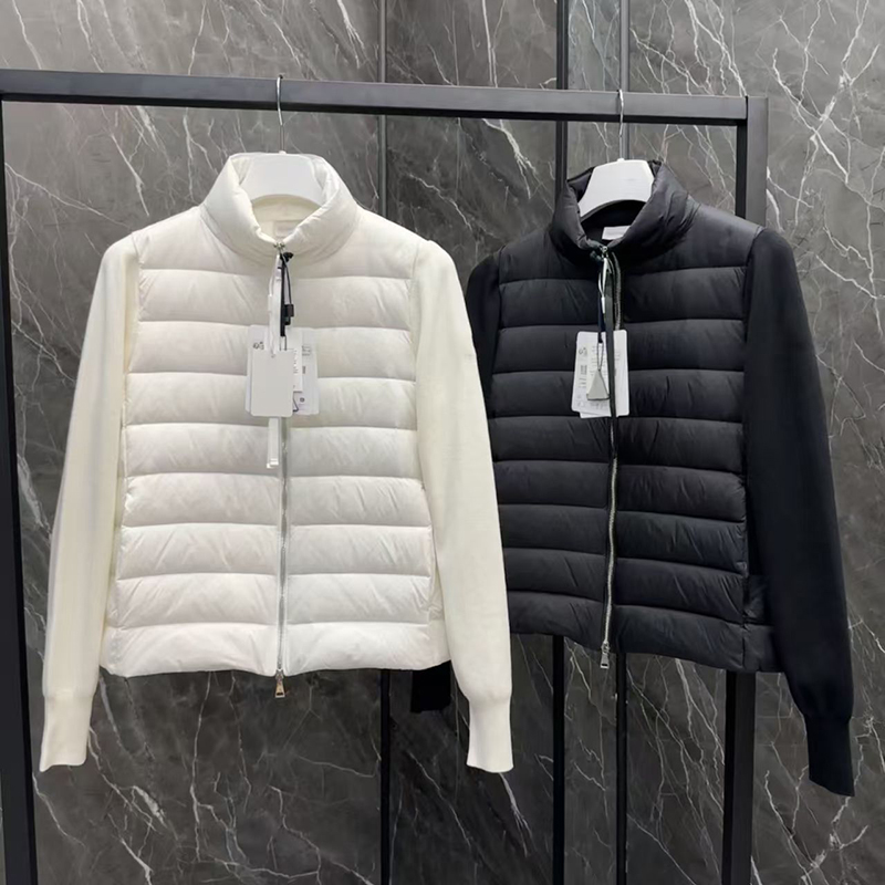 Womens Lightweight Down Jacket with Wool Knit Sleeves - Stand Collar Design Patchwork wool knit-sleeve down jacket Classic warm coat White duck down