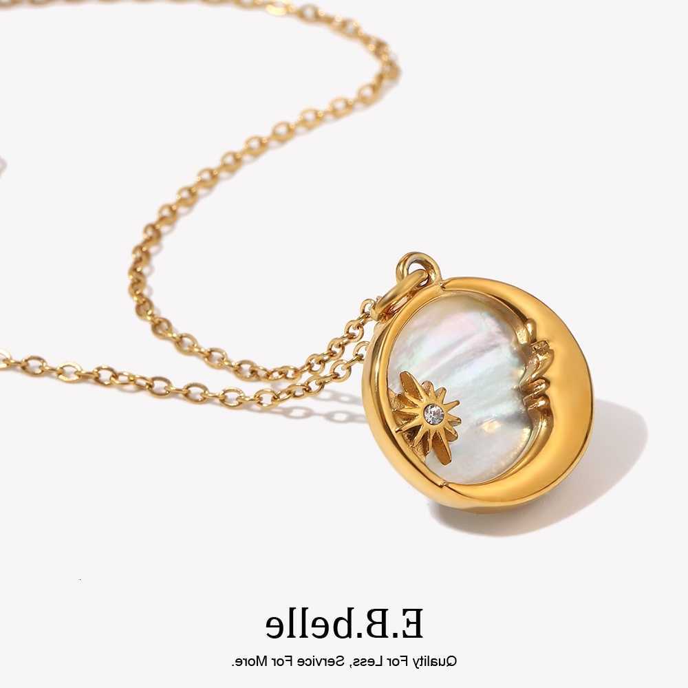 Mother E.B.belle Natural Of Pearl Casting Moon Star Circle Coin Necklace For Woman 18K Gold Plated Stainless Steel JewelryT260916