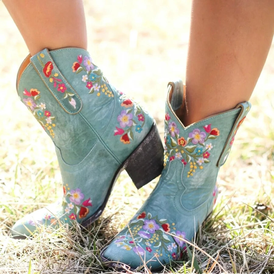 Women Floral Embroidered Western Cowgirl Boots Retro Mid high Block Heel Ankle Ladies Large Size 45 Casual Short 260917
