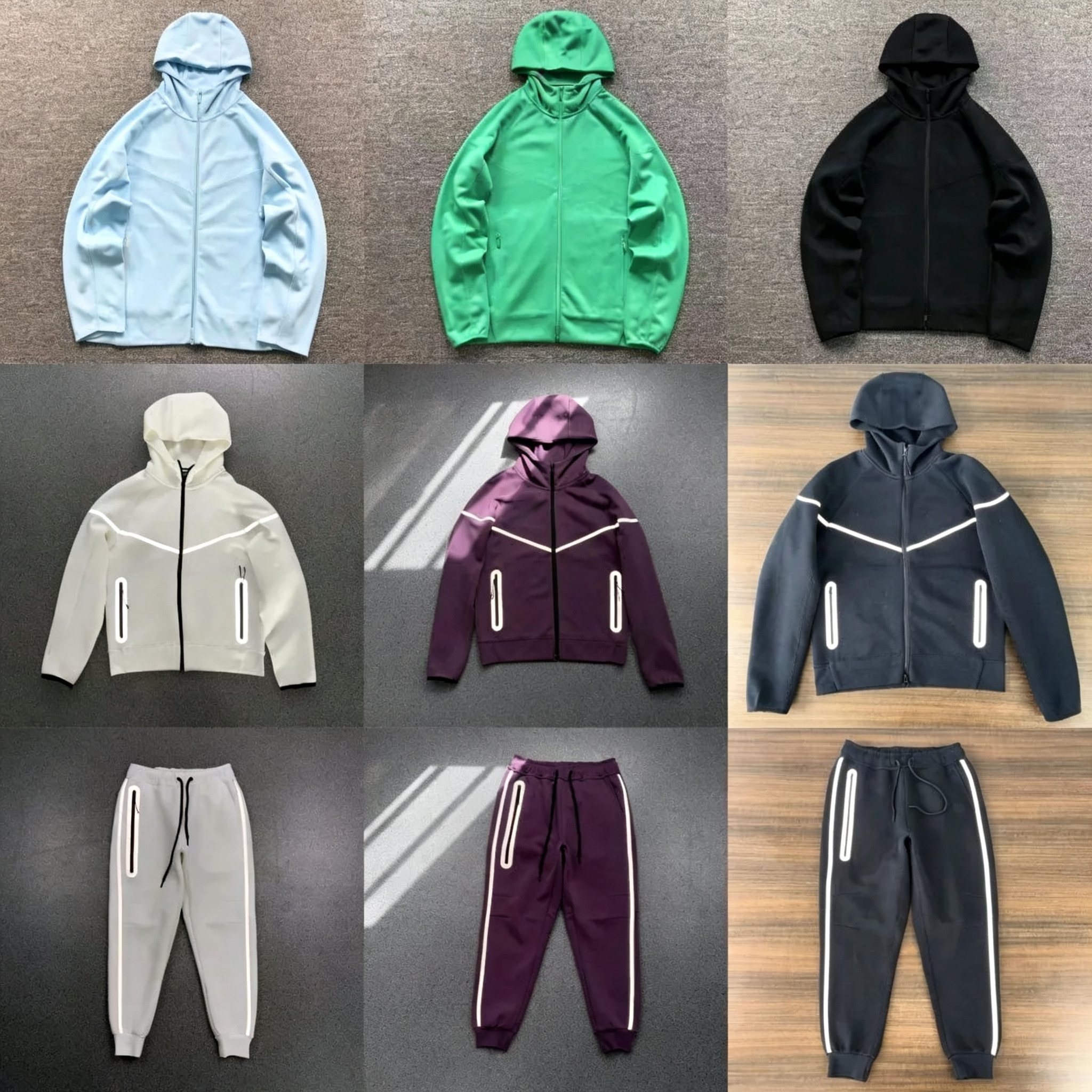 New high-quality designer hoodie, air-layer cotton zip-up jacket, reflective strips, taped seams, outdoor casual versatile sweatshirt and pants
