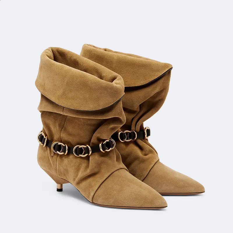 Ladies Slouchy Fold Over Suede Mid Calf Boots Gold Chain Belt Pointed Toe Thin Heel Retro Club Party Fashion Dress Footwear 260916