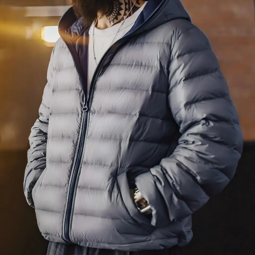 Maden Winter Men's Hooded Down Jacket Lightweight Hydrophobic White Duck Down Filling Coat Warm Inner Layer for Fall Winter 260916