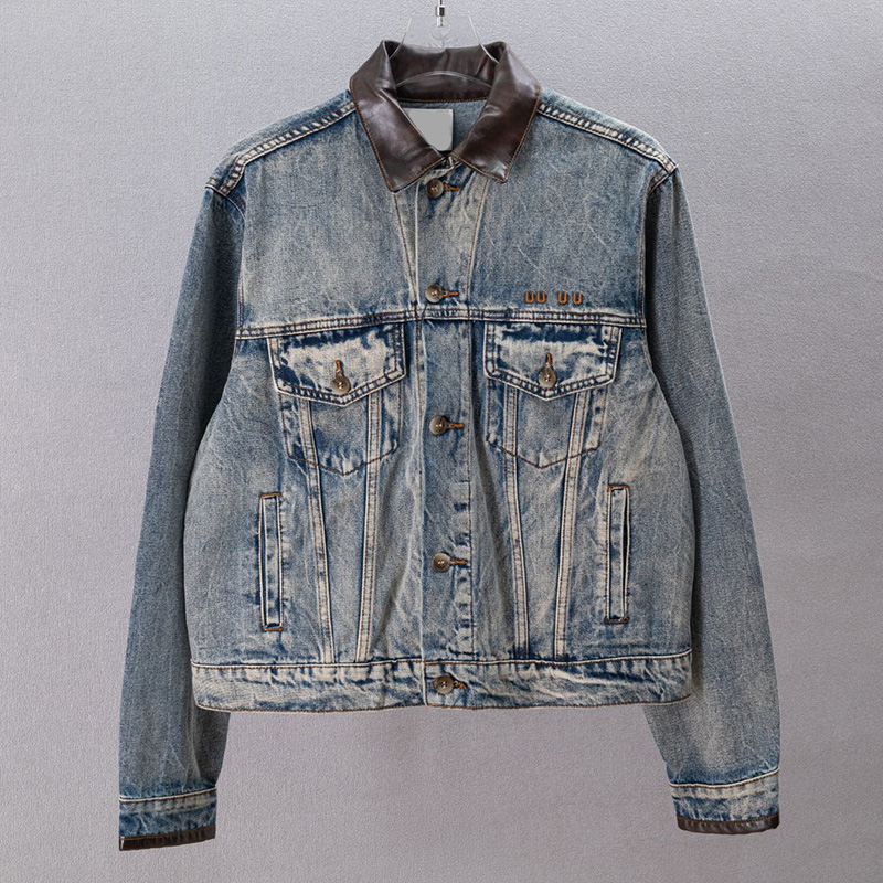 Men Women Distressed Denim Jacket Designer Pu Leather Collar Letter Embroidery Jean Coat Street Style Trucker Jackets