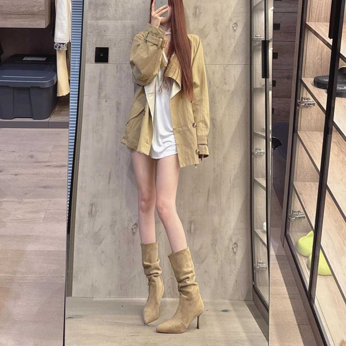 New Boots 2025 for Women Pointed Short Boots High Heels Look Skinny Mid Barrel Stacked Boots D260916