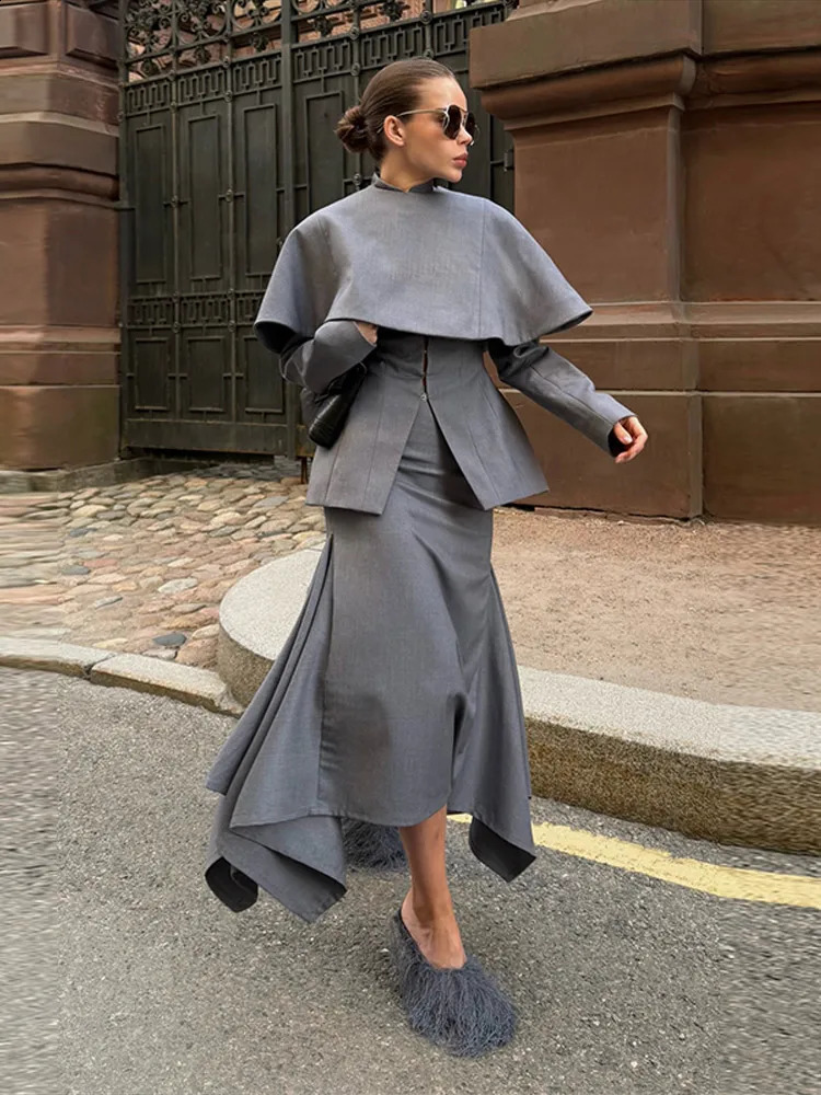 Chic Women Gray Suit Jacket Skirt Set Long Sleeve Stand Collar Waisted Jacket O Neck Cloak Hip Package Midi Skirts OL Outfits 260916