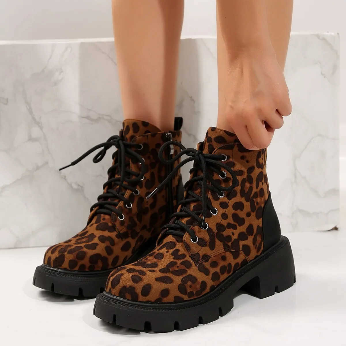 for Ankle Boots Sexy Leopard Women Autumn Winter 2024 Low Square Heels Plus Size 43 Short Booties Shoes Woman Motorcycle Boots D260916