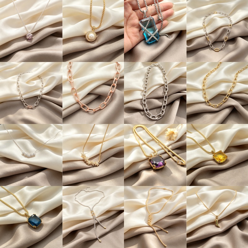 Silver & Gold Plated Colorful Square Gemstone Pendant Necklace for Ladies, Dainty Pearl & CZ Charm Neck Chain, Trendy Layering Statement Jewelry Gif