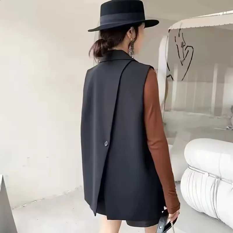 Sleeveless Suit Vest Fashion Vintage Casual Lapel Suit Waistcoat 2025 Summer Women Office Double Breasted Split Back OutwearW260915