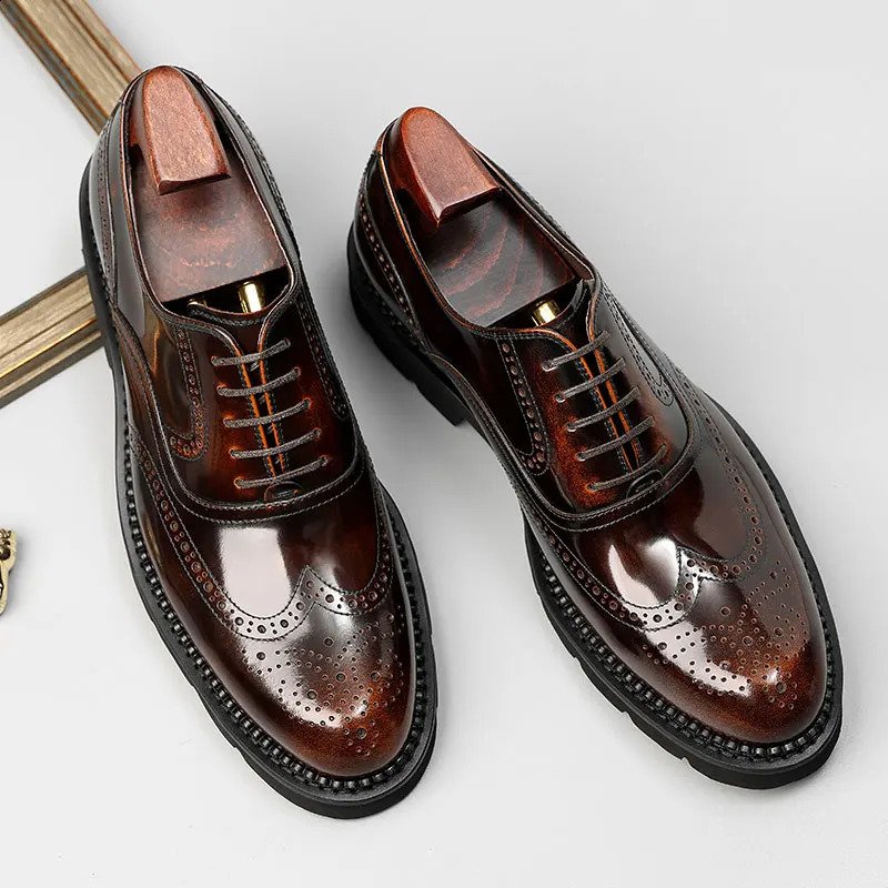 PJCMG Black /Wine Red Mens Dress Lace-Up Oxfords Pointed Toe Genuine Leather Wedding Mens Business Work Shoes 260916