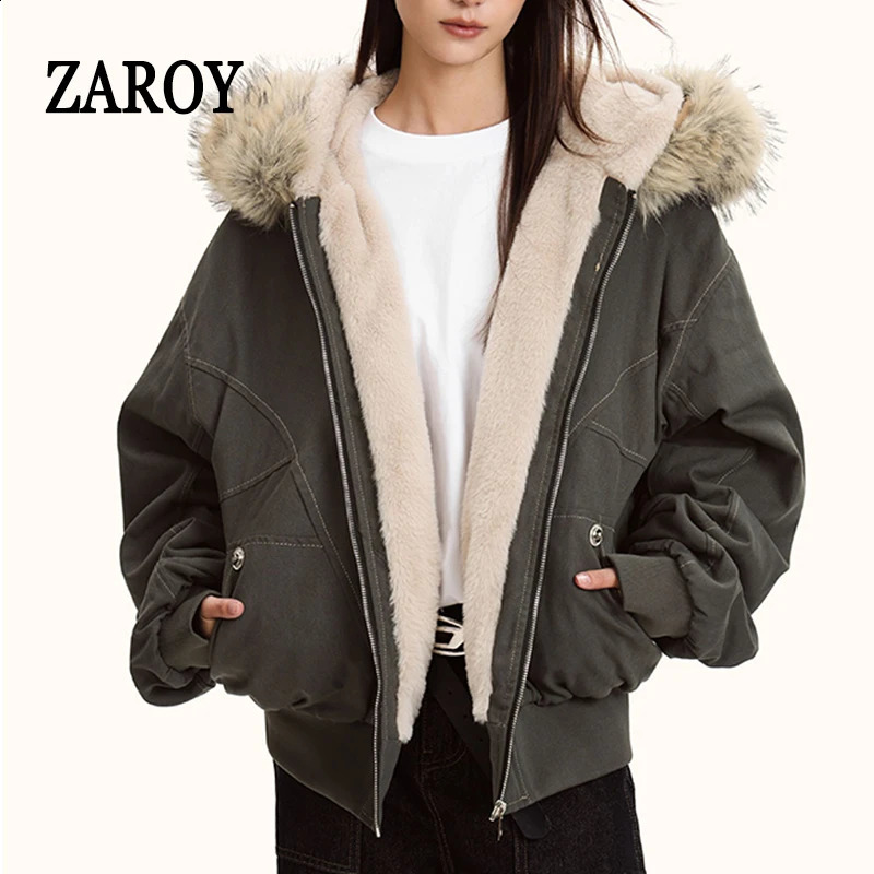 ZAROY Fur Collar Hooded Parkas Y2k Harajuku Thicken Padded Jackets Casual Zipper Gothic Women Men Winter Coats Streetwear 260915