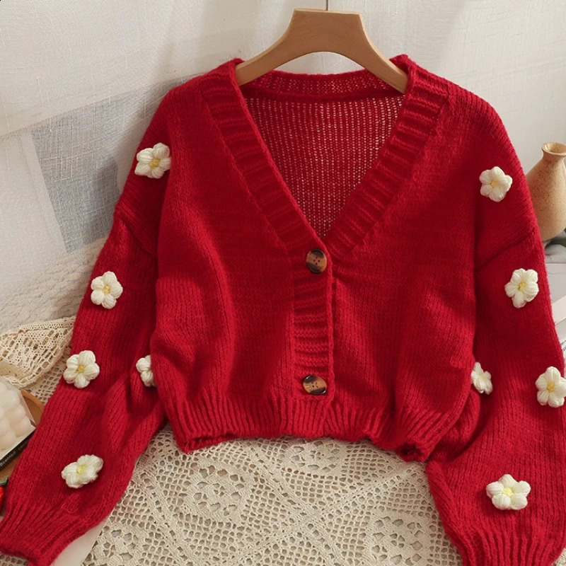 2026 Spring Autumn Colourful Applique Flower Cardigan For Women Girl Cute Soft Knitwear Long V-neck Knit Crop Sweater 260916