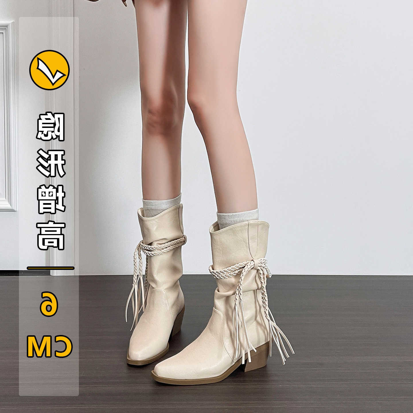 Flow Short Boots for Women 2025 Spring and Autumn Mid Barrel Grassland Pointed Coarse Heel Short Boots Pile up Boots D260916