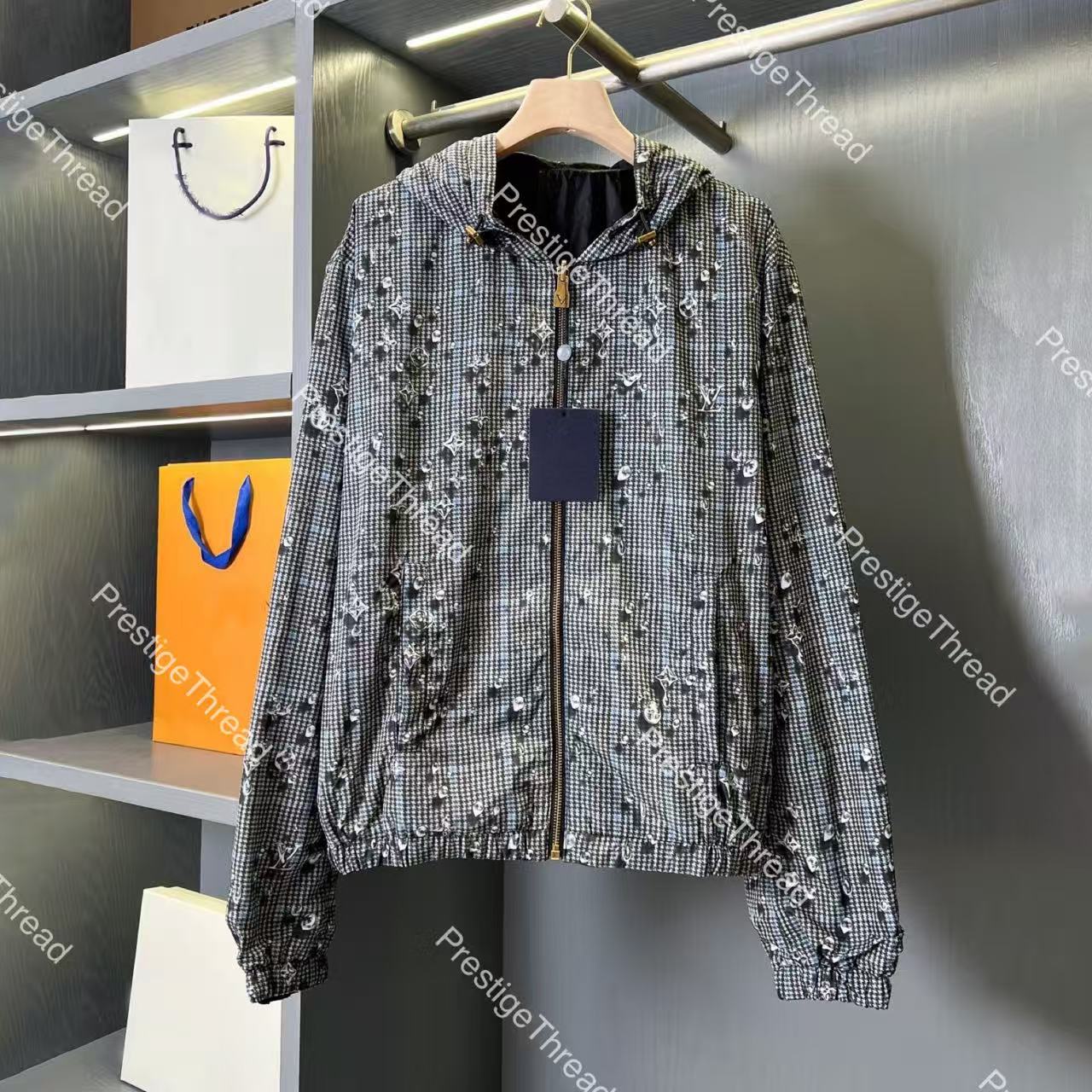 Designer Houndstooth 3D Embossed Double-Sided Hooded Rain Drop Print Windbreaker Men's Jackets
