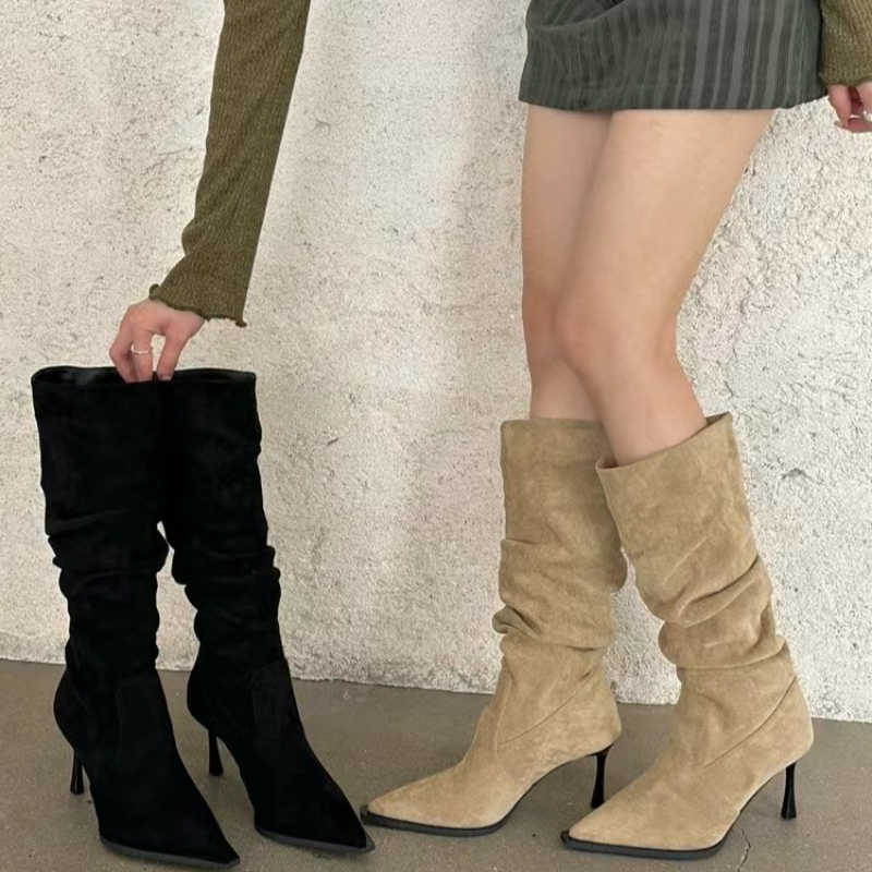 Korean Light Autumn New Version Pointed Toe Women's Thin-heeled Foreign-style Pile Boots High-heeled Knee-length Boots D260916