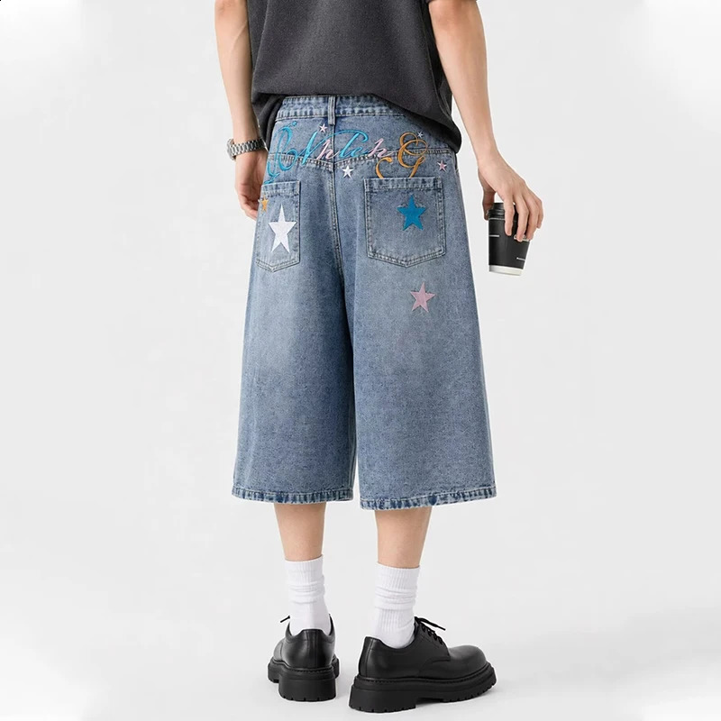 Letter Star Embroidered Baggy Short Jeans For Men High Street Fashion Straight Y2K Jorts American Retro Blue Denim Shorts 260916